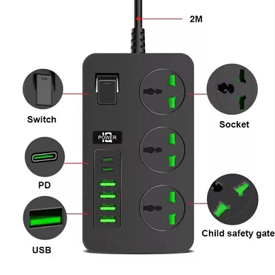 £13.29 • Buy Extension Lead With USB C PD 20W 5/6 USB Port 3 Way Power Strips Surge Protector