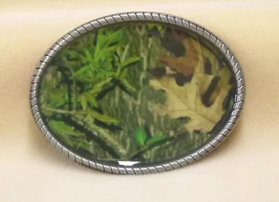 Belt Buckle Green Camouflage Oval Pewter With Rope Edges • $15