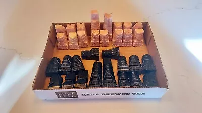 Vintage Black Onyx & Pink Marble Chess Set Hand Carved 32 Pieces Complete • $30