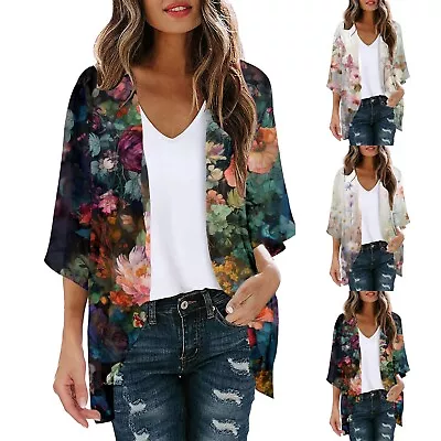 Formal Cardigan Womens Floral Print Puff Sleeve Kimono Cardigan Loose Cover Up • $33.91