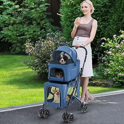 Foldable 3-in-1 Dog Stroller Double Pet Stroller W/ Detachable Carriers • £79.95