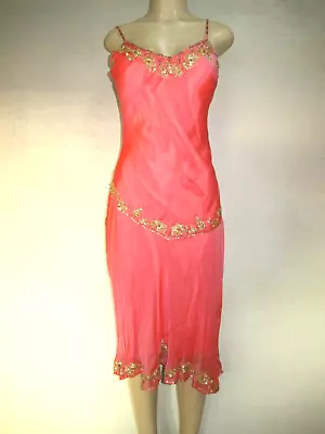 Vintage Y2K ECI New York Silk Blend Dress Beaded Size 6 Salmon Gold Embellished • $39.99