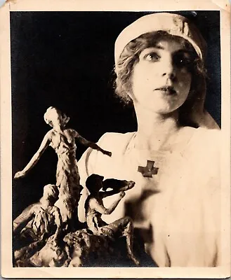 Vtg Photo Beautiful Woman Striking Pose With Statue Art Piece Red Cross Nurse? • $14.95