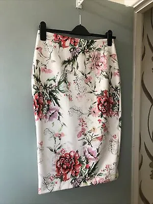 £12 • Buy Beautiful White/Multi-Colour Floral RIVER ISLAND Bodycon Pencil Skirt Size 10