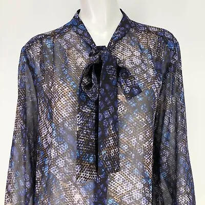 Moda International Snake Print Shirt Womens XL Reptile Tie Neck Pussy Bow Purple • $21.98