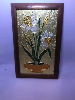 Rare Vintage Foil Art Picture Print Daffodils Framed Wall Hanging Yellow & Green • $22