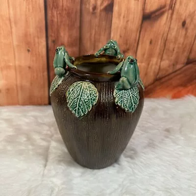 Vintage Majolica 3 Frog With Leafs Ceramic Art Pottery Vase Planter 8” • $57.99