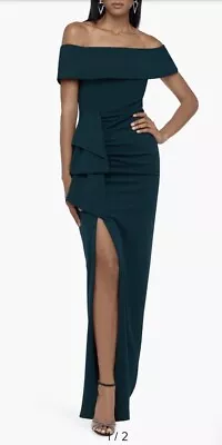 NWT Xscape  Off The Shoulder Crepe Evening Gown Dress In Pine Green Sz 14 $248 • $129