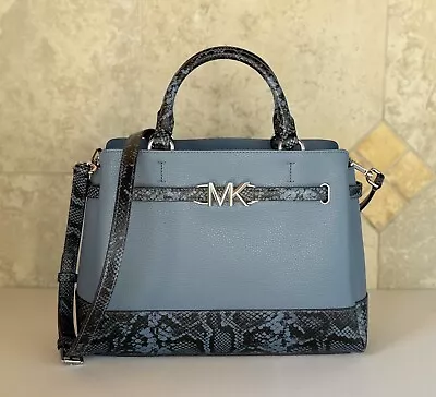 Michael Kors Reed Large Center Zip Belted Satchel Shoulder Bag Exotic Denim • $144.80