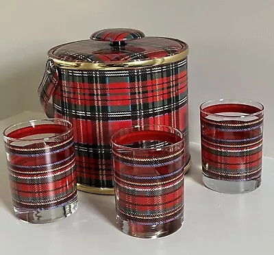 Vintage Georges Briard Plaid Ice Bucket Plus 3 DOF Plaid Glasses • $295