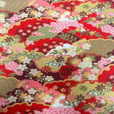 Red Gold Japanese Cotton Fabric 150cm Wide Ideal For Dressmaking Per 50cm • £8