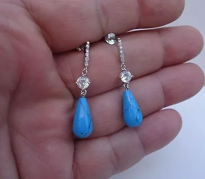 $24.83 • Buy 925 Sterling Silver Ladies Teardrop Turquoise Dangling Stud Earrings