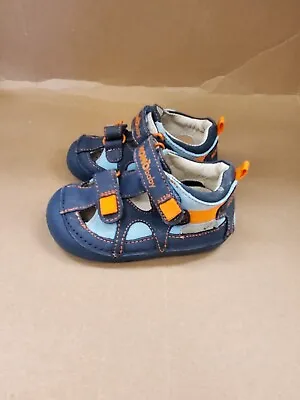 Momo Baby Toddler Leather Sandals Size 4.5 Navy Light Blue orange • $25