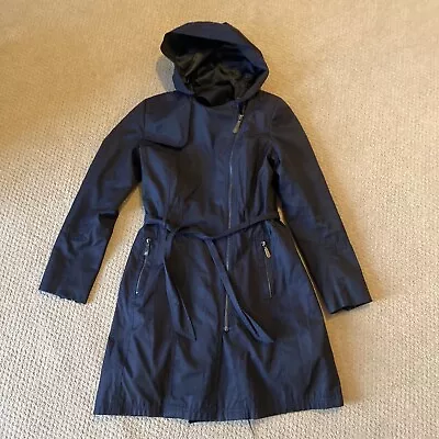 Vince Camuto Trench Coat Women's Small Navy Removable Hood Full Zip Jacket Lined • $39.99