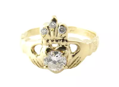 14 Karat Yellow Gold And Diamond Claddagh Ring Size 6.25 #4885 • $895