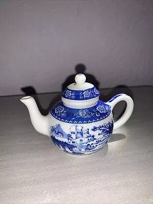 Vintage Porcelain Art Collectable Miniature Tea Pot White Blue • £8.99