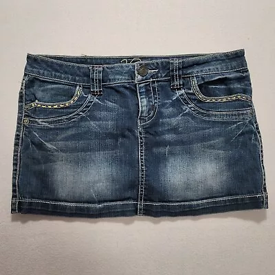 Vanity Dakota Denim Mini Skirt Womens Flap Dark Wash Blue Jean Stretch W29 • $12.99