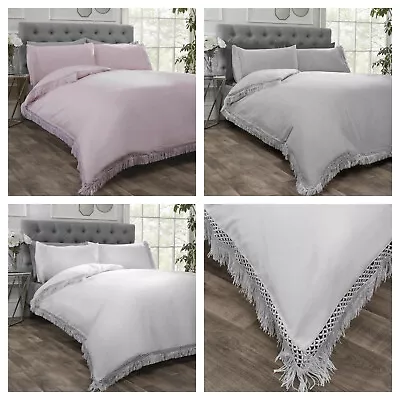 Luxury Boho Chic Lace Tassel Fringe Duvet Cover Bedding Set - PINK WHITE SILVER • £20.99