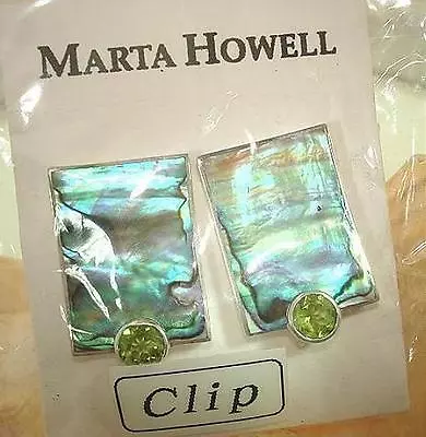 Marta Howell Solid 925 STER Silver Abalone Shell Peridot Gem Clip-On Earrings #1 • $145