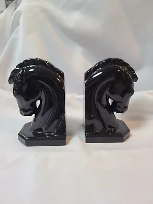 Mid-century Black Ceramic Horsehead Bookends • $22