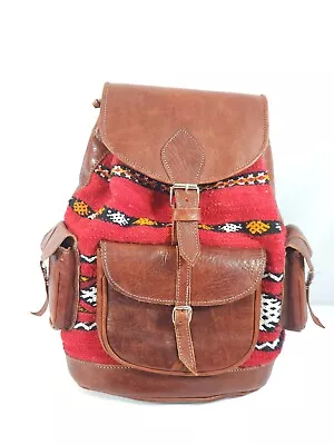 Handcrafted Moroccan Leather Boho Kilim Backpack Bag Carpet/Rug Medium Size • $65.18