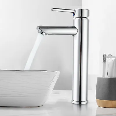 Modern Bathroom High Rise Countertop Basin Mixer Tap Tall Chrome Solid Brass • £30.99