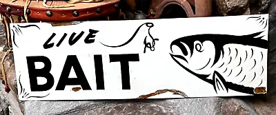 Vintage Painted Metal LIVE BAIT Fishing Rusty Barn Tackle Lure Lake Store Sign  • $39