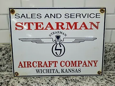 Vintage Stearman Aircraft Porcelain Sign Aircraft Sales Service Kansas Airport • $135.09