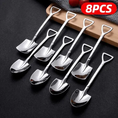 8Pcs Stainless Steel Shovel Spoon Silver Coffee Tea Cake Ice Cream Spoon Set UK • £4.29