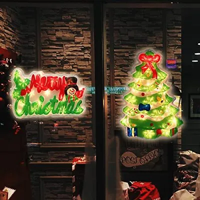 $48.74 • Buy JUSTPRO Pack Of 2 Lighted Merry Christmas And Christmas Tree Window Lights Fo...