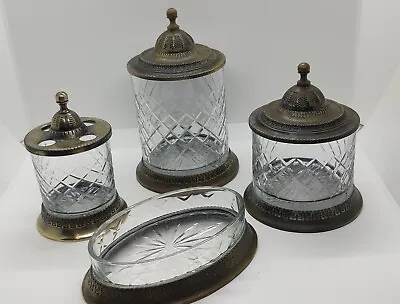 Vintage Crystal & Bronze Jars Vanity Bathroom Set 19th Century Set Of 4 • $129.89