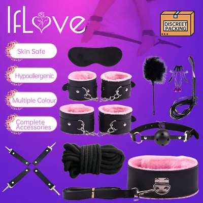 Kinky BDSM Kit Bondage Set Couples Sex Play Toy Restraints Cuffs Whip Handcuffs • $20.99