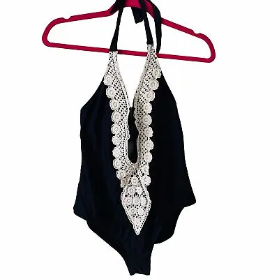 Mossimo Womens Black White Lace One Piece Swim Suit Halter Medium Neutral • $4.36