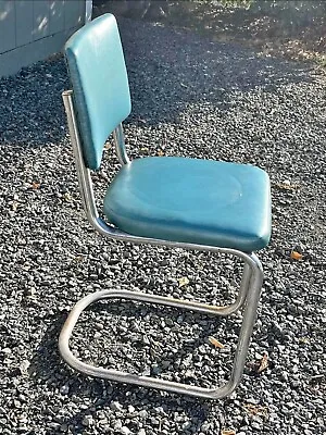 Vintage Retro Tubular Chrome Chair With Turquoise Blue Vinyl Upholstery  • $135