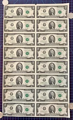16 - Half Sheet / Uncut Currency Sheet Of $2 Two Dollar Bills / Series 2013 • $108.90