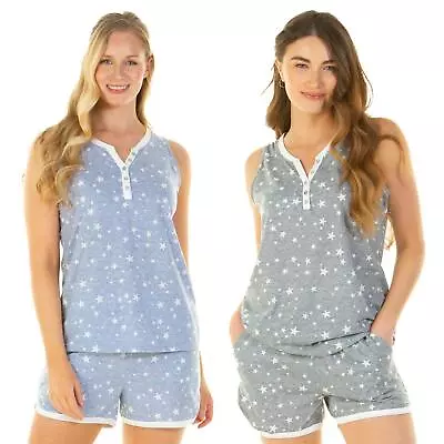 La Marquise Cotton Short Pyjamas Ladies Heather Stars Sleeveless Pyjama Set PJs • £18.99