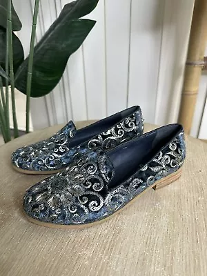 I Love Billy Navy Blue Silver Embroided Sequin Loafers Size 38 • $30