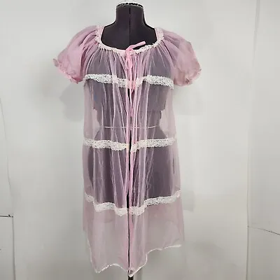 Vintage Mode O' Day Light Pink Sheer Lace Peignoir Chiffon Pinup Nylon Robe • $44.95