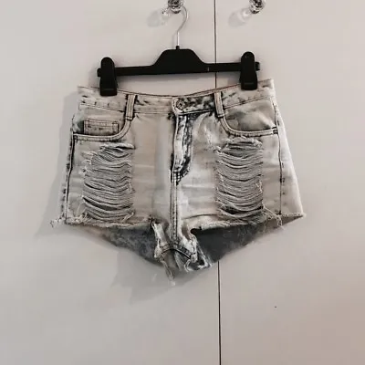 Acid Wash High Waisted Distressed Denim Shorts. Size UK 8. • £20