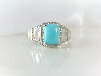 Sterling Silver 925 Genuine Blue Turquoise White Topaz Modern Size 9.5 Ring • $49.99