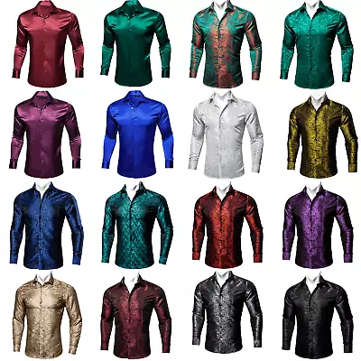 Green Silk Woven Paisley Mens Slim Fit Shirt Long Sleeve Button Down Shirts • £19.99