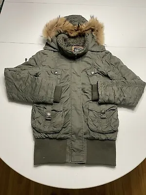 RARE Von Dutch Quilted Woman's Green Fur Hood Parka Jacket Medium • $59.95