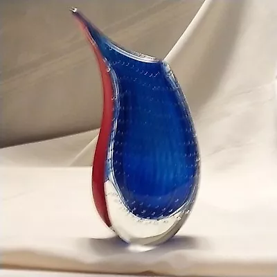 Murano Venetian Teardrop Mouth Blown Seeded Sommerso 9  Vase Blue/Red • $75