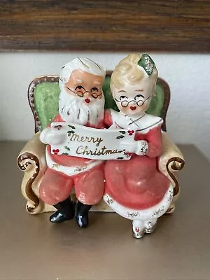 Vintage Napco Christmas Santa And Mrs. Claus On Couch Planter - Flocked Read* • $59.99