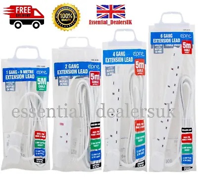 £9.49 • Buy 5M UK Extension Lead Cable 1 2 4 6 Gang Socket Covers White Main Power