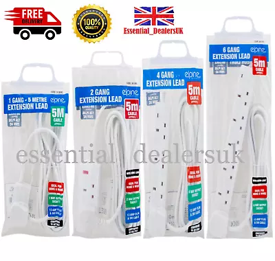 5M UK Extension Lead Cable 1 2 4 6 Gang Socket Covers White Main Power • £12.39