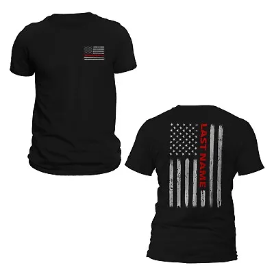 Custom Last Name Firefighter Thin Red Line Vertical Flag Shirt • $26.99