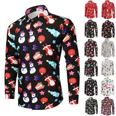Mens Christmas Floral Shirt Blouse Tunic Casual Xmas Party Long Sleeve Tops Tee • £15.22
