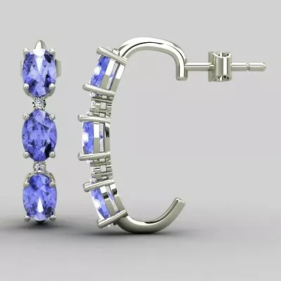 Tanzanite And Diamonds Hoops Earrings In 925 Sterling Silver-rhodium Plated • $28.50