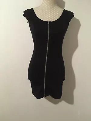 H&M Black Zip Front Mini Dress Bodycon Size 8/10 • £9.95